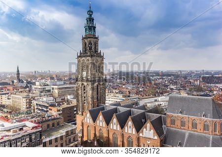 Groningen, Netherlands - March 07, 2020: Historic Martini Church Dominating The Skyline Of Groningen