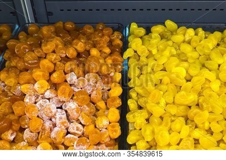 East Dried Fruits, Sweets, Candies Close Up.