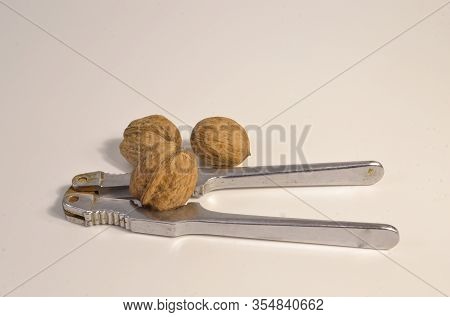 Chrome Plated Metal Nut Cracker With Three Nuts On A Light Background
