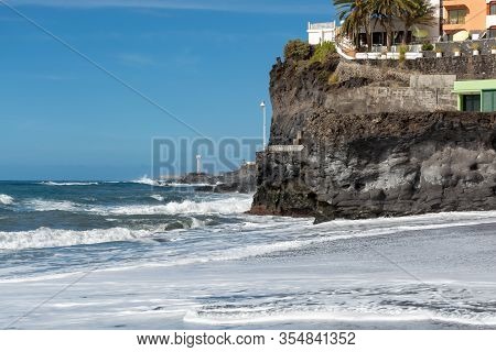 Black Lava Sand Beach In Puerto Naos, La Palma, Canarian Islands, Spain In Winter