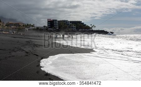 Black Lava Sand Beach In Puerto Naos, La Palma, Canarian Islands, Spain In Winter