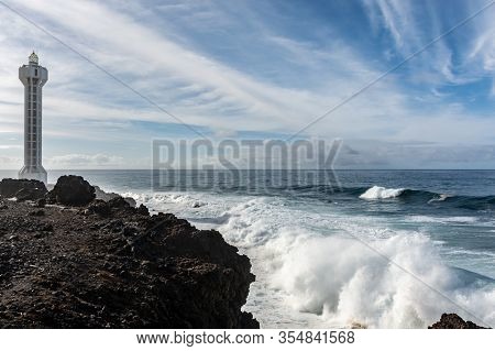 Dangerious Ocean Stormy Waves Hits Black Lava Rocks By Faro De Las Hoyas, La Palma Island, Canary, S