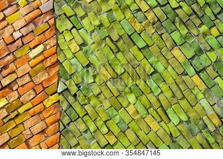 Decorative Smalt Mosaic On Wall Of Building. Orange And Green Abstract, Geometric Background For You
