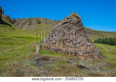 Rock In The Nature Near Kirkjubaejarklaustur In South Iceland On A Sunny Summer Day