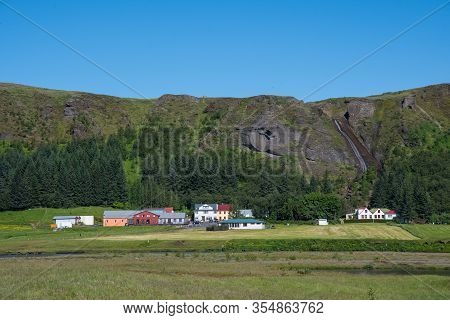 Village Of Kirkjubaejarklaustur In South Iceland On A Sunny Summer Day