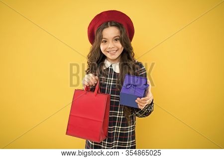 Happy Childrens Day. Fashionable Shopaholic. Kid Fashion. Happy Girl In French Beret. Child With Pre
