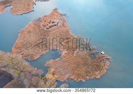 Morning Landscape, Wooden Hunting Lodge, On A Small Man-made Island.