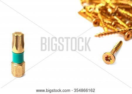 Torx Screws With Torx Bit Isolated On White Close Up