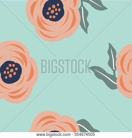 Seamless Pink Peach Floral Leaf Pattern. Stylish Repeating Texture. Mint Teal Background. Trendy. Bo