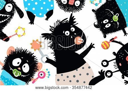 Bizzare Humor Baby Kids Monsters Background Composition For Greeting Cards.