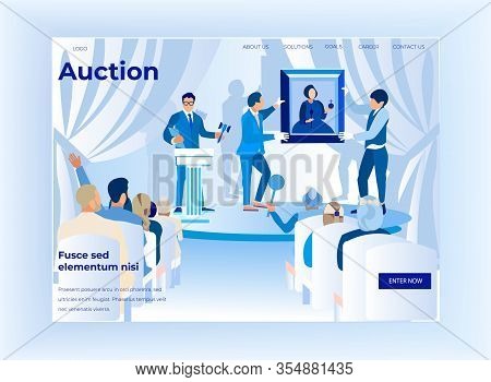 Auction Horizontal Banner, People Bidding In Public Auction House. Buyers At Masterpiece Trade, Man 