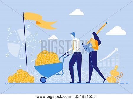 Prompt Poster Big Profit Distribution By Sector. Woman Writes Number Coins That Man Carries In Troll