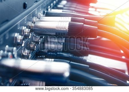 Close Up Audio Jacks Cable Plugged Into Mixer Console. Xlr Audio Cable