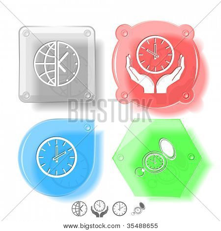 Affaires jeu d'icônes. Horloge, globe et horloge, horloge dans les mains, regardez. Boutons de verre. Illustration de raster