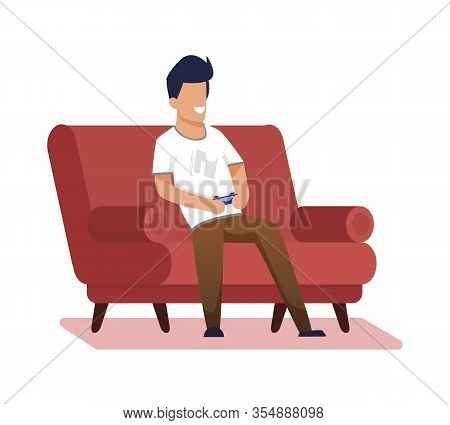 Advertising Banner Home Video Games Cartoon Flat. Organization Joint Leisure From Home. Guy Is Sitti