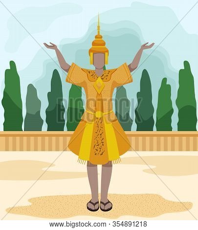 Girl With Arms Raised In Traditional Costume. Vector Illustration. Traveling Different Countries. Na