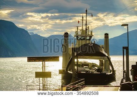 Eidsdal, Norway - July 28, 2018: Car Ferry Connection Eidsdal - Linge, Norddal Municipality In More 