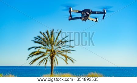 Percheles Beach, Spain - March 16, 2019: Dji Drone Mavic Pro Platinum Starting From Beach. Dji Is Th