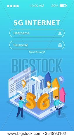 5g Internet Composition With Houses People Gadgets And Log In Form On Blue Background 3d Vector Illu