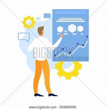 Analysis Graph. Man Analyzes Information. Technology And Design. Workflow Optimization. Vector Illus