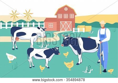 Man In Chaff Hat Stand With Long Stick On Farm With Barn Gazing Cows And Poultry Eating Green Grass.