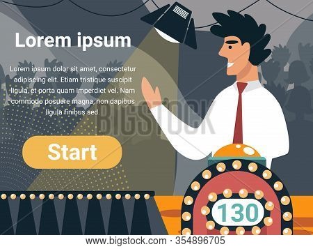 Man Participant Of Intellectual Show Game Stand At Tribune With Scoreboard And Button In Broadcastin