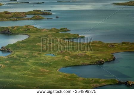 Volcanic Craters In Iceland Aerial View From Above, Myvatn Lake