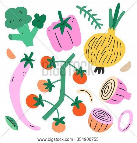 Veg Set, Collection Of Cute Doodle Organic Vegetables, Isolated Vector Illustration Of Chilipepper, 