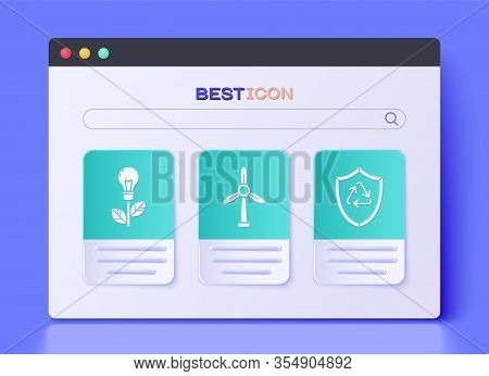 Set Wind Turbine, Light Bulb With Leaf And Recycle Symbol Inside Shield Icon. Vector