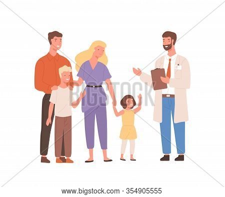 Smiling Cartoon Family Visit Therapist Isolated On White Background. Positive Mother, Father And Two