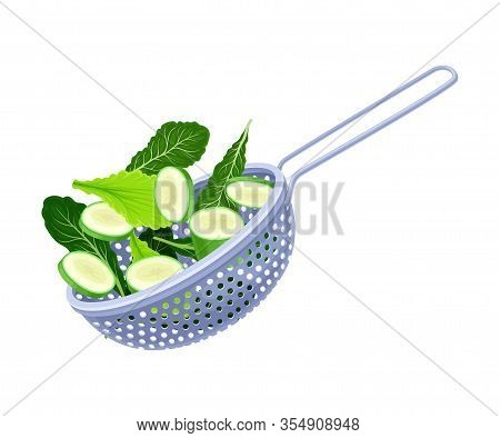 Kitchen Colander Or Strainer Made Of Stainless Steel With Sliced Cucumber And Greenery Inside Vector