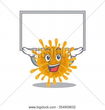 Happy Cartoon Character Of Coronaviruses Raised Up Board