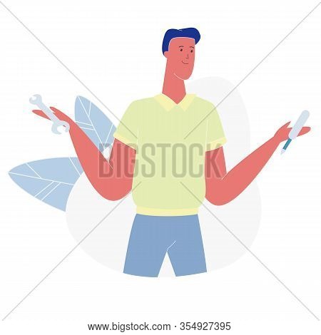 Young Man Character Holding Wrench And Spinner In Hands Prepare For Computer Or Technique Fixing, Te