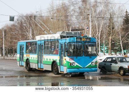 Sterlitamak, Russia - March 23, 2008: Blue Urban Trolleybus Ziu 682g In The City Street.