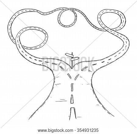 Vector Black And White Conceptual Business Drawing Or Illustration Of Fork In The Road Or Crossroad,