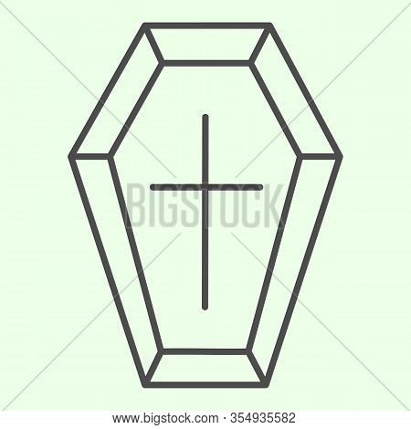 Coffin Thin Line Icon. Funeral Wooden Casket With Cross Outline Style Pictogram On White Background.
