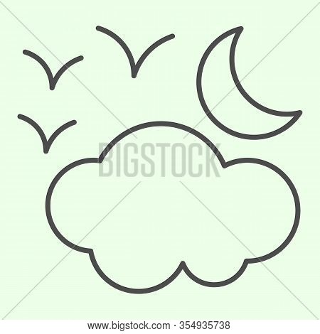 Halloween Cloudy Night Thin Line Icon. Scary Half Moon With Clouds And Birds Outline Style Pictogram