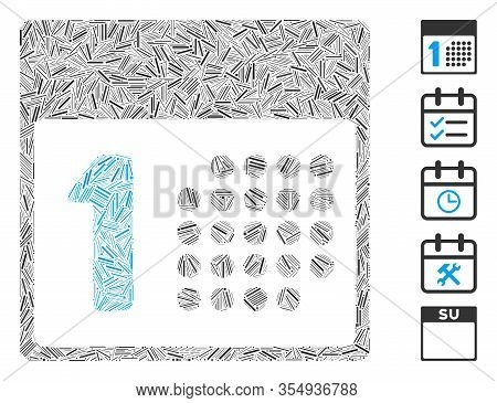 Dash Mosaic Based On First Day Icon. Mosaic Vector First Day Is Formed With Random Dash Items. Bonus