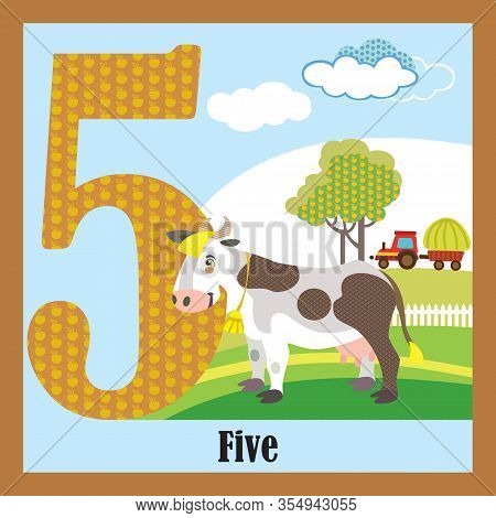 Vector Cartoon Flashcards Of Animal Numbers, Number 5. Colorful Cartoon Illustration Of Number 5 And