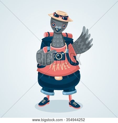 Pigeon Tourist. Humanized Dove Traveler. Cartoon Style Illustration. Bird Migration. Vector Graphic.