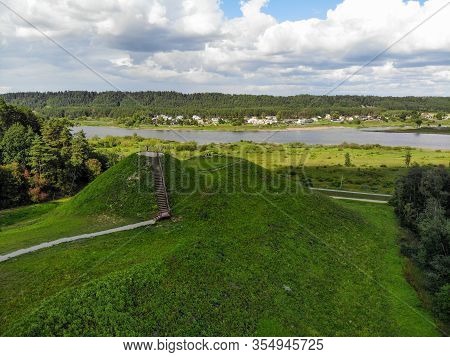 Aerial View Of Pypliai Mound In Kacergine Town, Lithuania