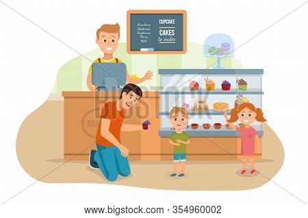 Father And Kids Visiting Bakery Shop Illustration. Dad Offering Son Tasty Cupcake. Daughter Choosing