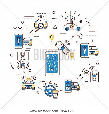 Self Driving Web Banner. Driverless Auto. Infographics With Linear Icons On Blue Background. Creativ