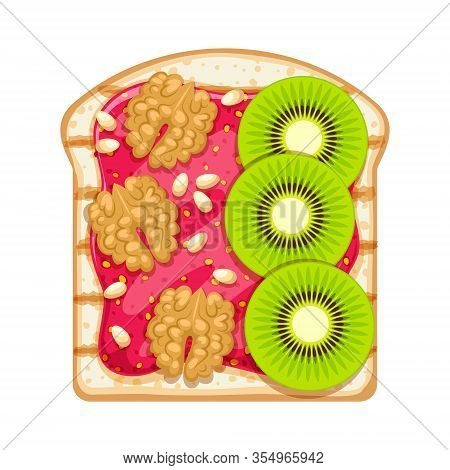 Sweet Open Sandwich With Straberry Jam, Kiwi Slices And Walnut.