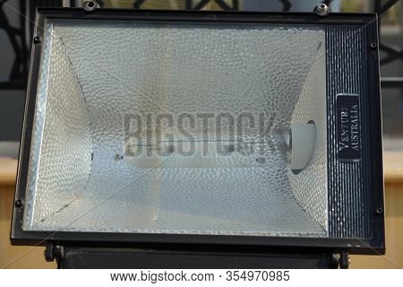 Dubai Uae - November 2019: Close Up Outdoor Led Lamp On The Yard. Large Outdoor Light For Building C