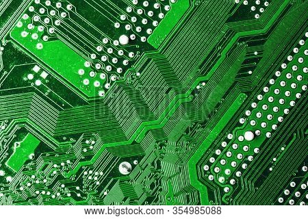 Green Circuit Board. Electronic Device Macro Background. Micro Chip Motherboard Design. Data Transfe