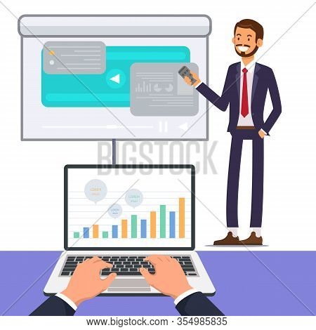 Man With Remote Control In Hand Near Projector Monitor. Holds Presentation. Man In Business Suit. Ve