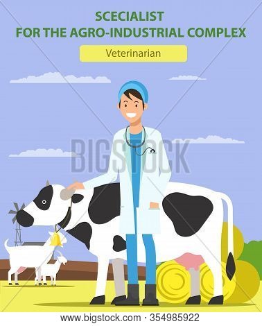 Man Veterinarian In White Coat Near Cow And Goats On Farm. Specialist For Argo-industrial Complex. O