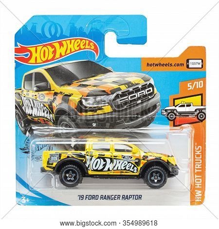 Ukraine, Kiev - March 02. 2020: Ford Ranger Raptor Car. Hot Wheels. Kids Toys. Machines. Field With 