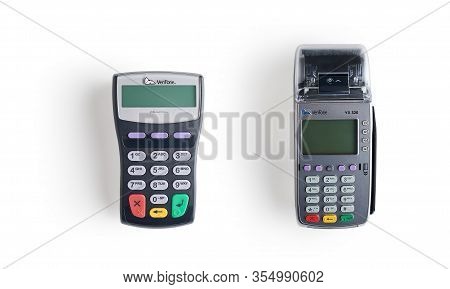 Moscow, Russia - January 5, 2020, Wireless Credit Card Payment Pos Terminal Verifone Vx 520, Pin Pad